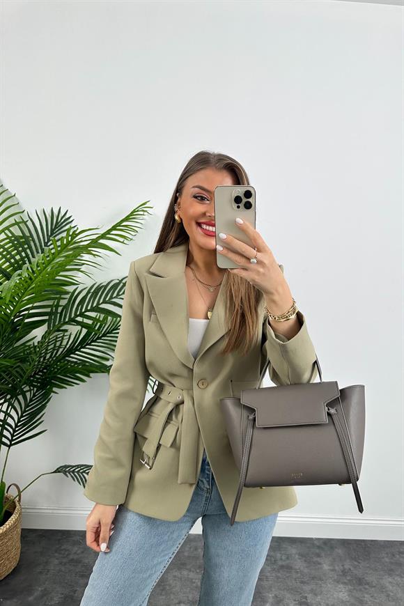 Premium Kalite Kemerli Astarlı Double Kalın Kumaş Blazer Ceket Haki