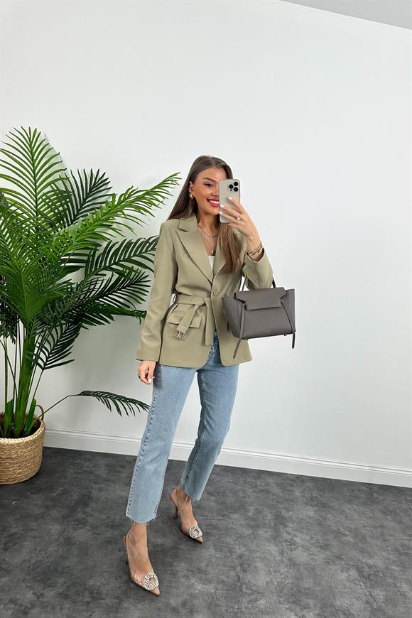 Premium Kalite Kemerli Astarlı Double Kalın Kumaş Blazer Ceket Haki