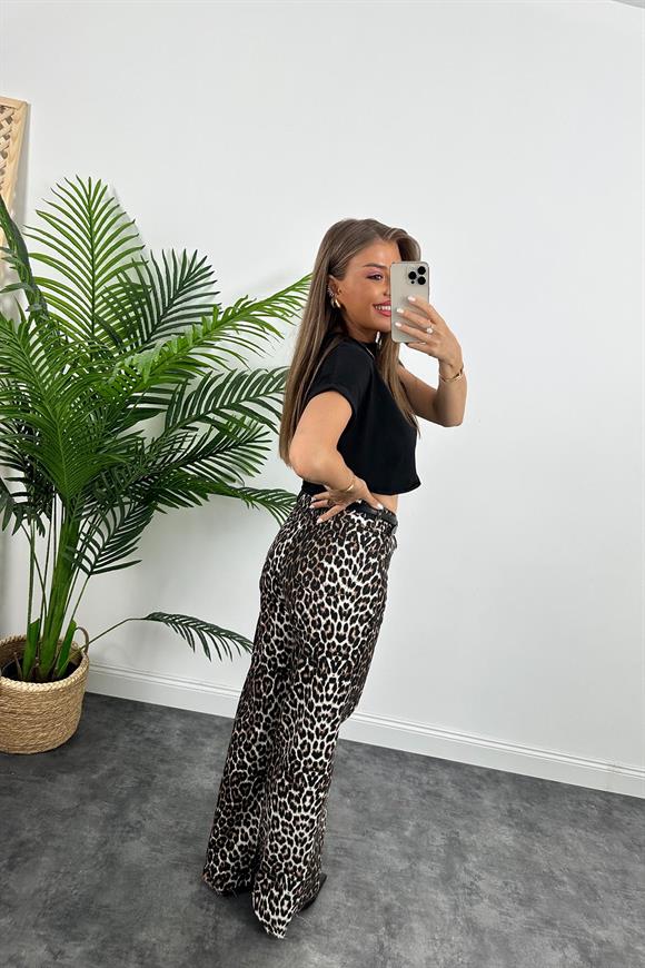 Premium Kalite Kesik Paça Ultra Yüksek Bel Leopar Palazzo Jean Kahve Siyah