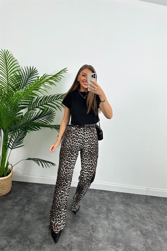 Premium Kalite Kesik Paça Ultra Yüksek Bel Leopar Palazzo Jean Kahve Siyah