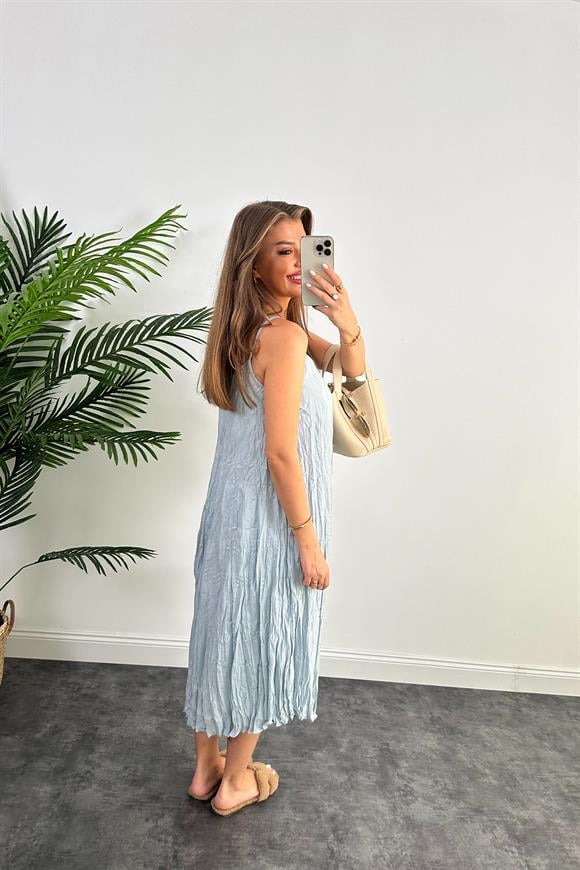 Premium Kalite Kırışık Kumaş Astarlı Tensel Elbise Mavi