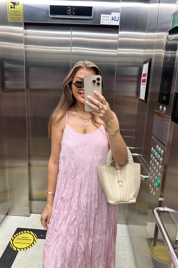 Premium Kalite Kırışık Kumaş Astarlı Tensel Elbise Pembe