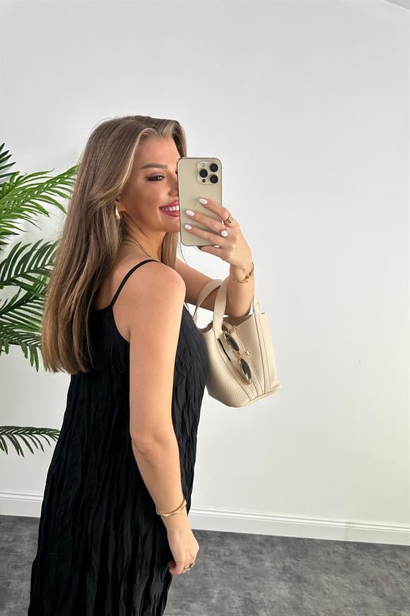 Premium Kalite Kırışık Kumaş Astarlı Tensel Elbise Siyah