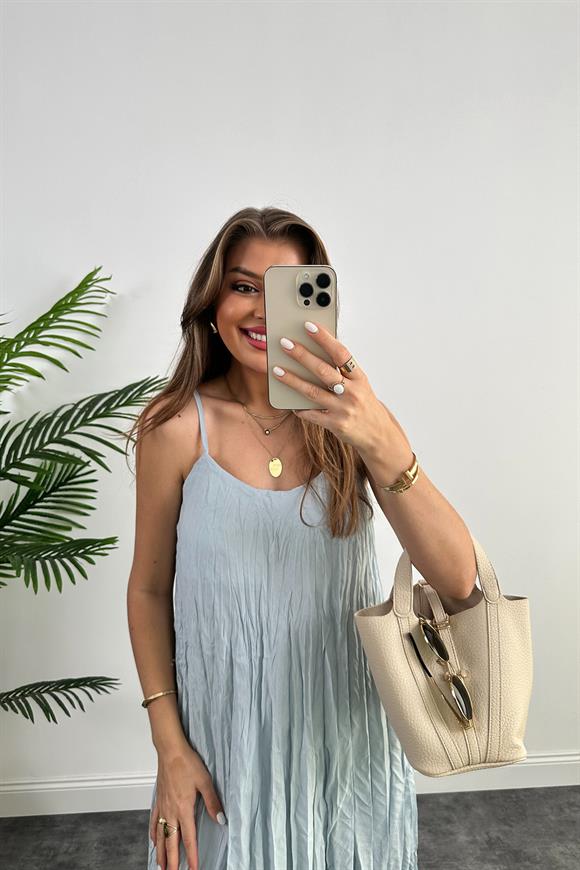 Premium Kalite Kırışık Kumaş Astarlı Tensel Elbise Mavi