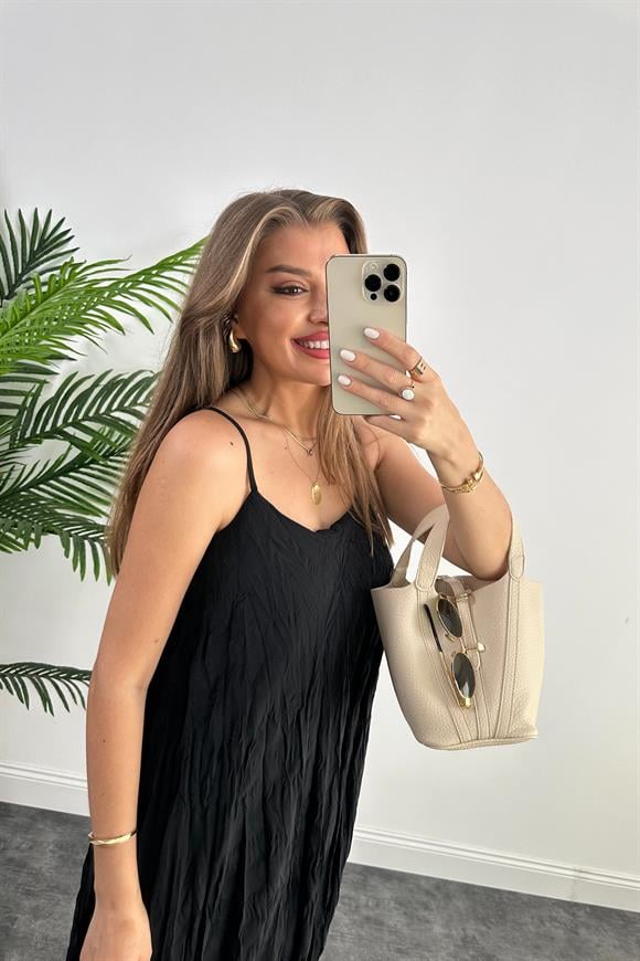 Premium Kalite Kırışık Kumaş Astarlı Tensel Elbise Siyah