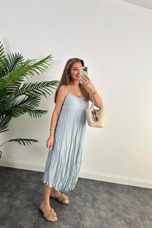 Premium Kalite Kırışık Kumaş Astarlı Tensel Elbise Mavi