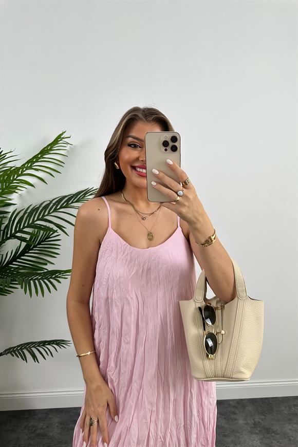 Premium Kalite Kırışık Kumaş Astarlı Tensel Elbise Pembe