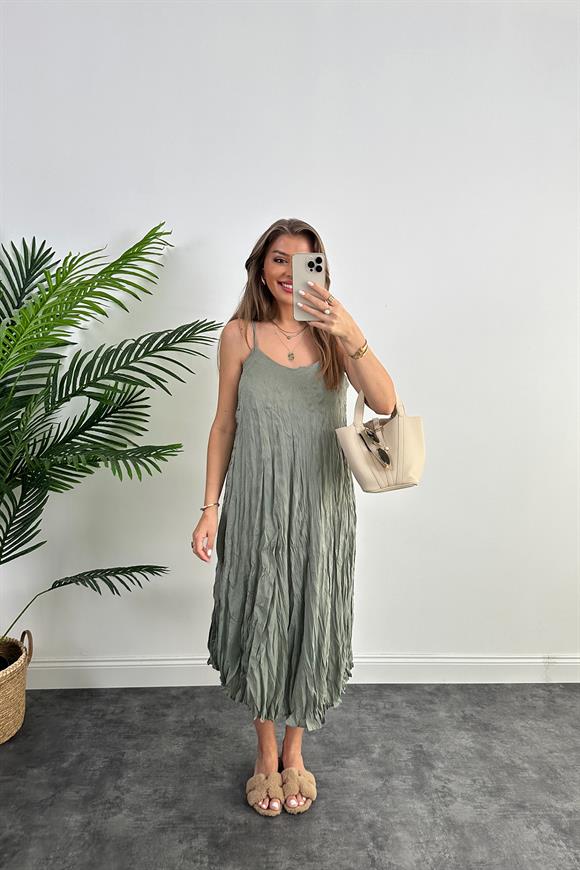 Premium Kalite Kırışık Kumaş Astarlı Tensel Elbise Haki