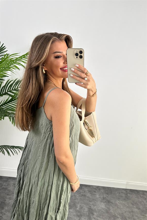 Premium Kalite Kırışık Kumaş Astarlı Tensel Elbise Haki