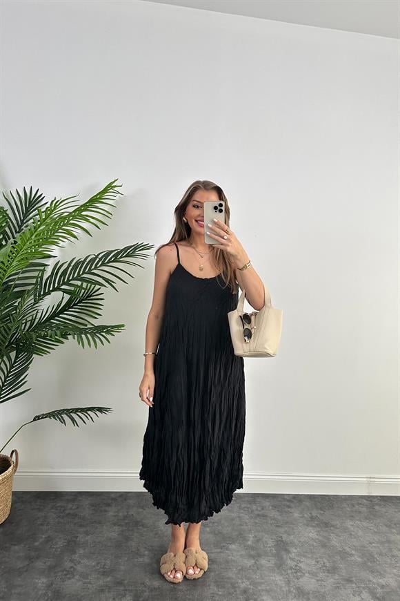 Premium Kalite Kırışık Kumaş Astarlı Tensel Elbise Siyah