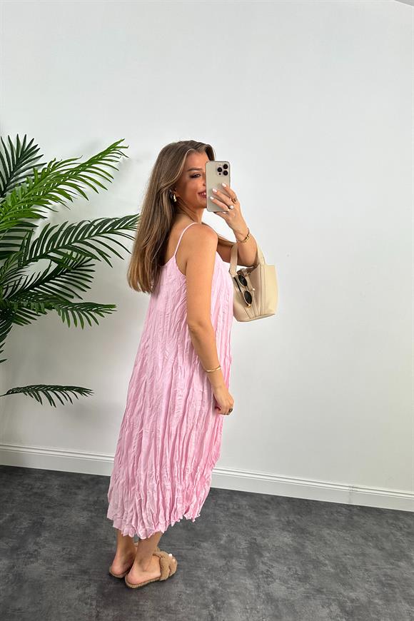 Premium Kalite Kırışık Kumaş Astarlı Tensel Elbise Pembe