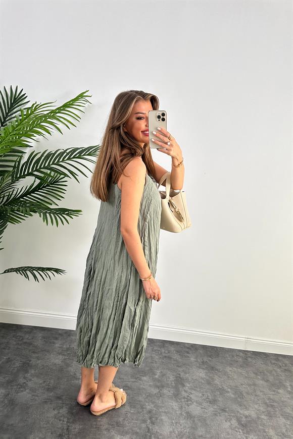 Premium Kalite Kırışık Kumaş Astarlı Tensel Elbise Haki