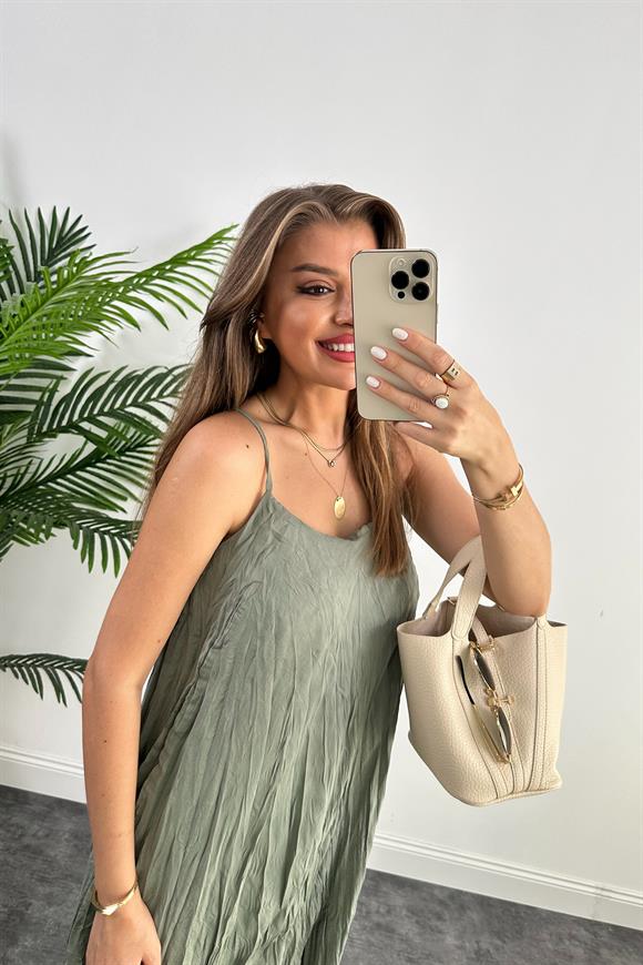 Premium Kalite Kırışık Kumaş Astarlı Tensel Elbise Haki