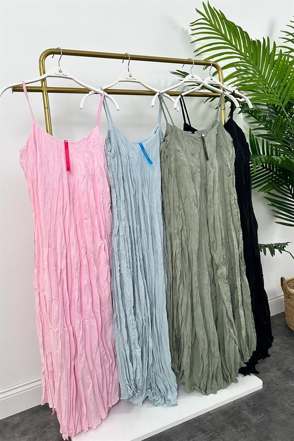 Premium Kalite Kırışık Kumaş Astarlı Tensel Elbise Pembe