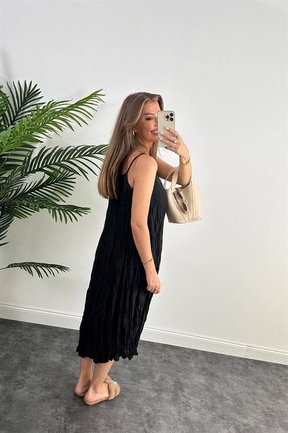 Premium Kalite Kırışık Kumaş Astarlı Tensel Elbise Siyah