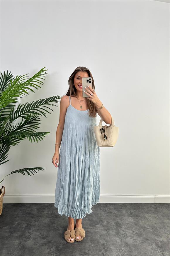 Premium Kalite Kırışık Kumaş Astarlı Tensel Elbise Mavi