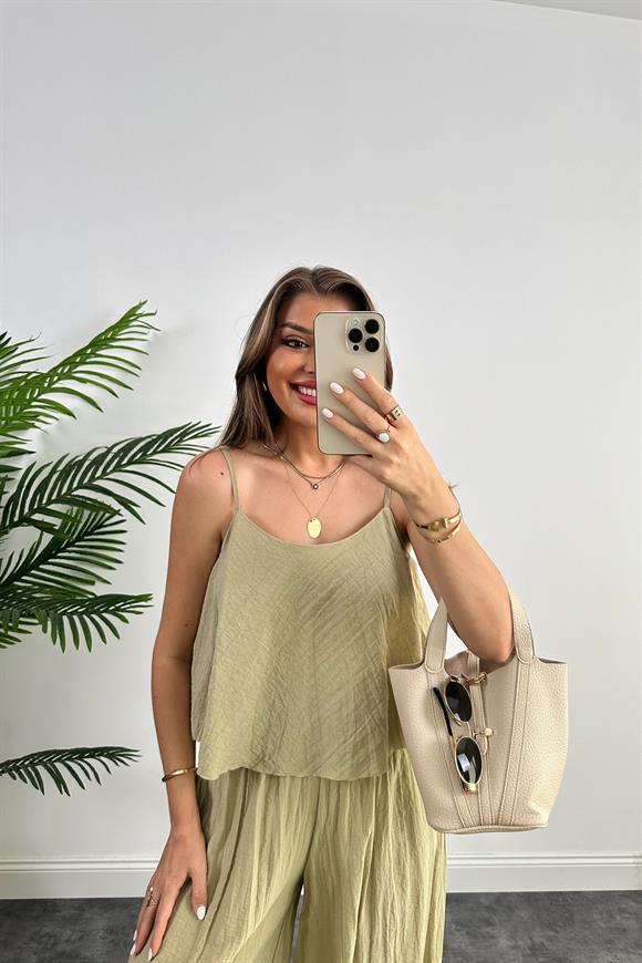 Premium Kalite Kırışık Kumaş Bohem Takım Haki