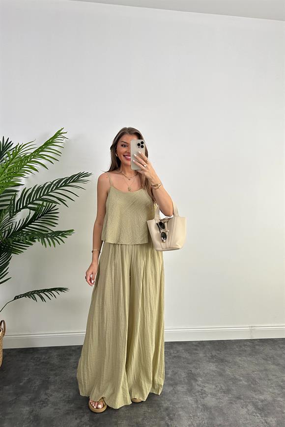 Premium Kalite Kırışık Kumaş Bohem Takım Haki