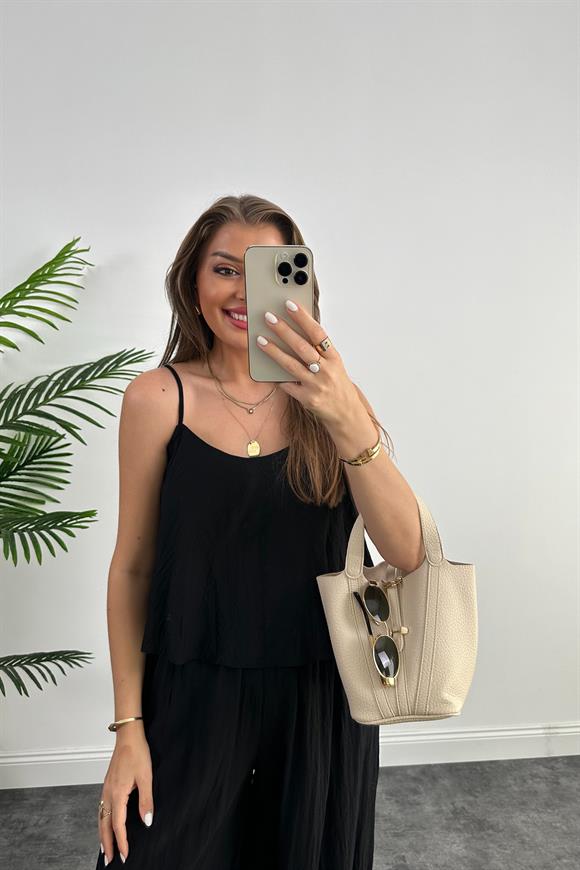 Premium Kalite Kırışık Kumaş Bohem Takım Siyah