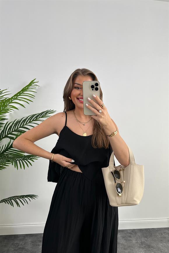 Premium Kalite Kırışık Kumaş Bohem Takım Siyah