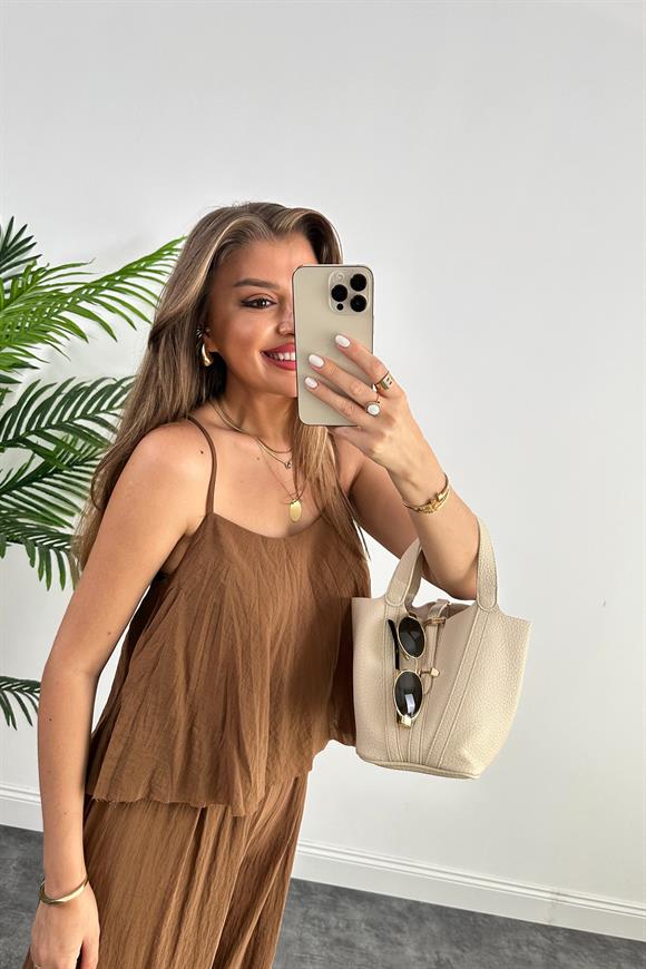 Premium Kalite Kırışık Kumaş Bohem Takım Kahverengi