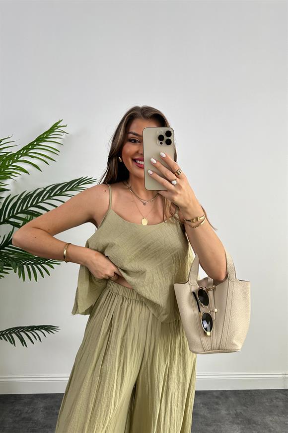 Premium Kalite Kırışık Kumaş Bohem Takım Haki