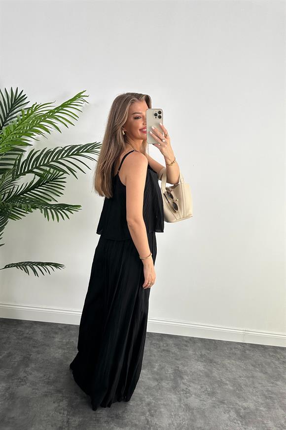 Premium Kalite Kırışık Kumaş Bohem Takım Siyah