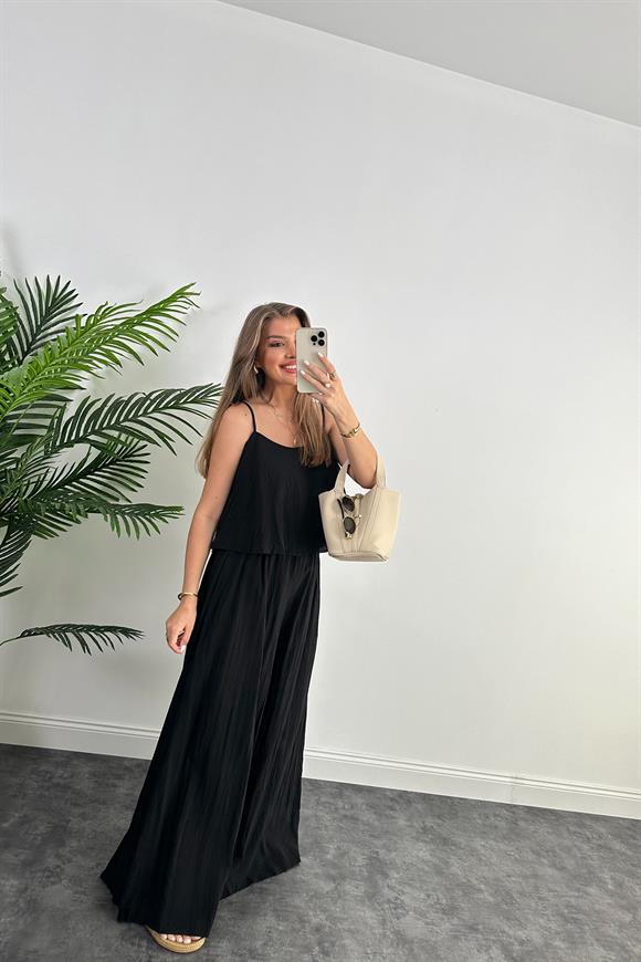 Premium Kalite Kırışık Kumaş Bohem Takım Siyah