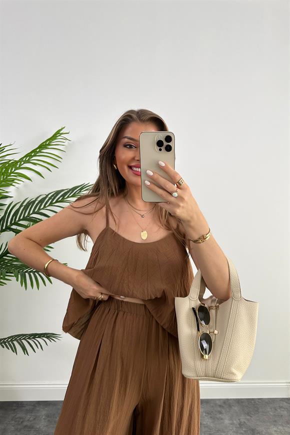 Premium Kalite Kırışık Kumaş Bohem Takım Kahverengi