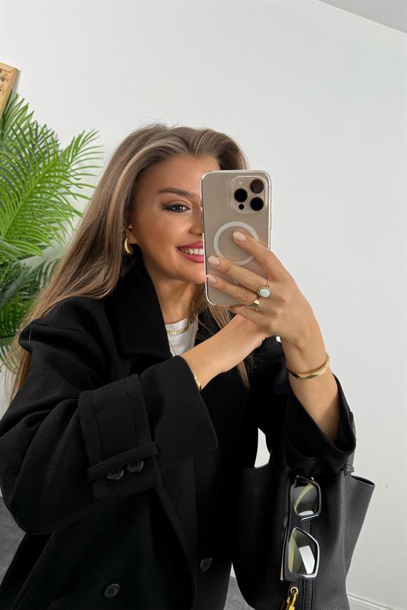 Premium Kalite Kolu Manşetli Çift Düğme Oversize Kaşe Kaban Siyah