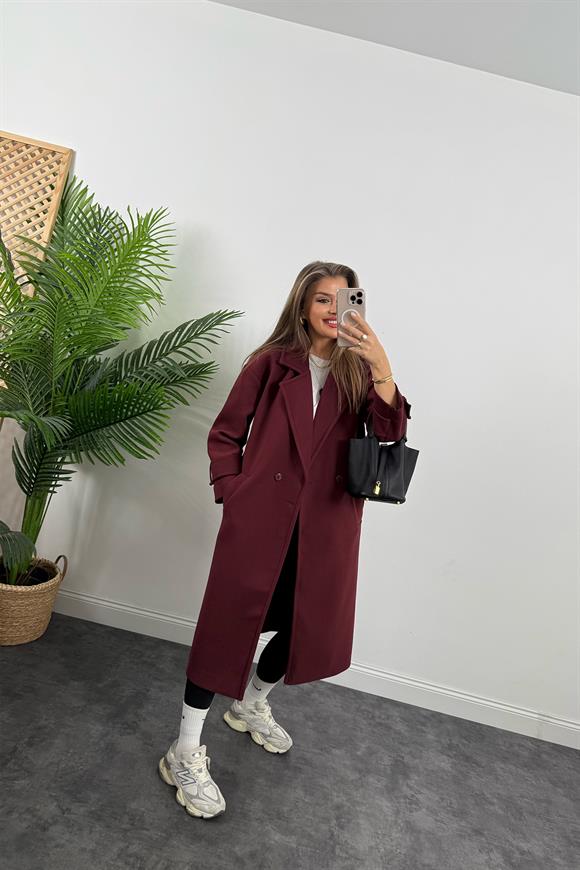 Premium Kalite Kolu Manşetli Çift Düğme Oversize Kaşe Kaban Bordo