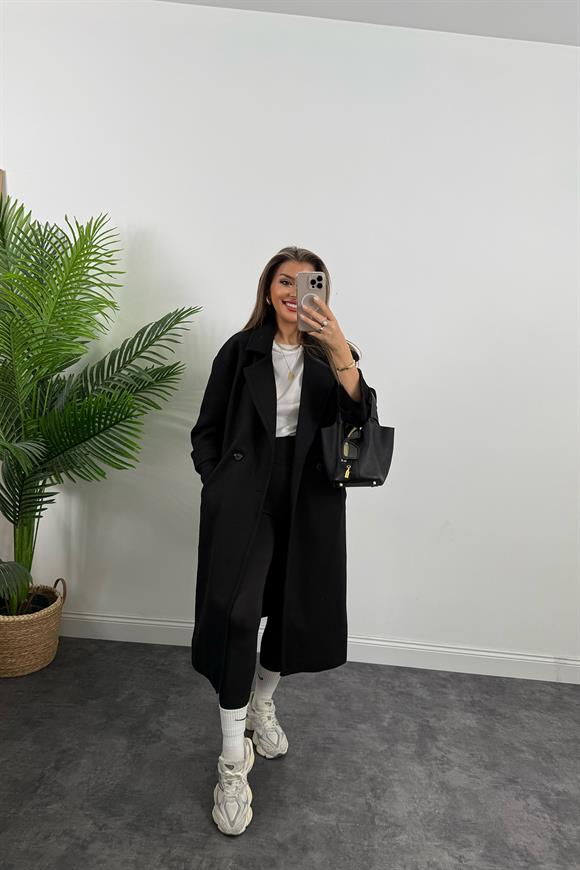 Premium Kalite Kolu Manşetli Çift Düğme Oversize Kaşe Kaban Siyah