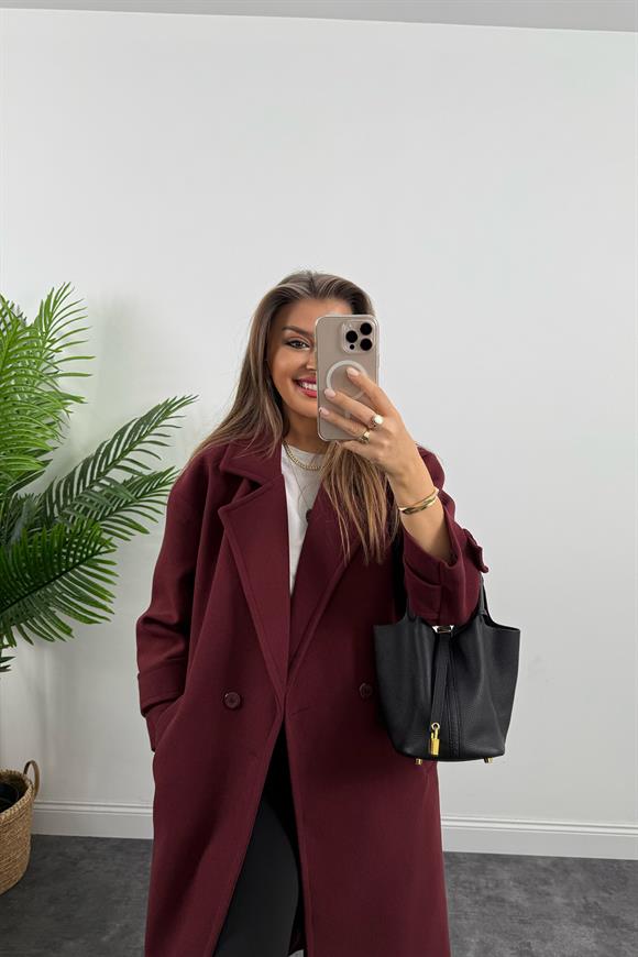 Premium Kalite Kolu Manşetli Çift Düğme Oversize Kaşe Kaban Bordo
