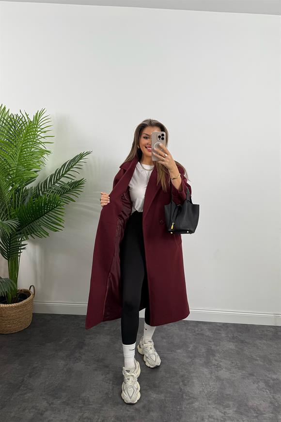 Premium Kalite Kolu Manşetli Çift Düğme Oversize Kaşe Kaban Bordo