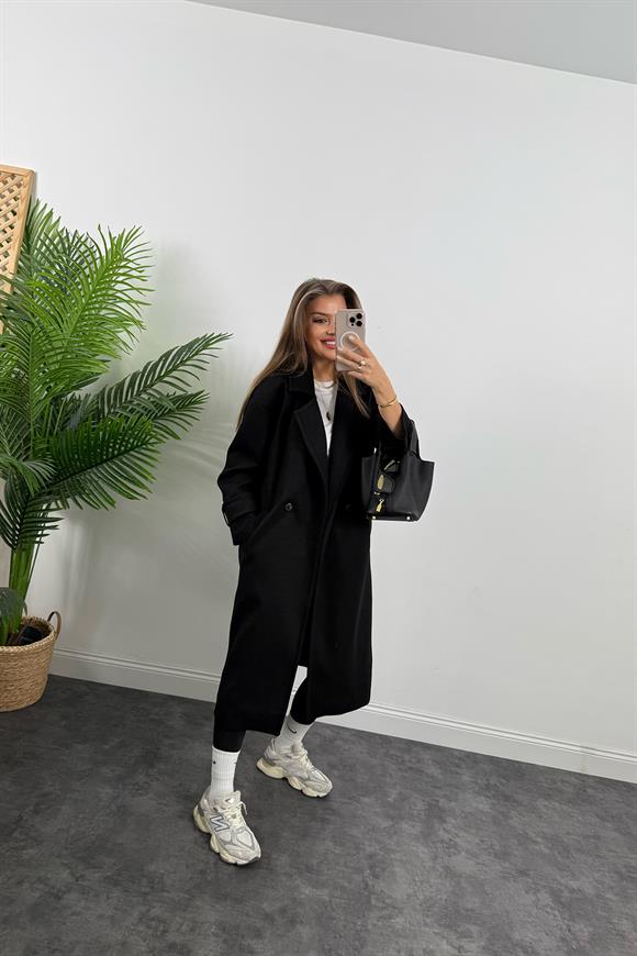 Premium Kalite Kolu Manşetli Çift Düğme Oversize Kaşe Kaban Siyah