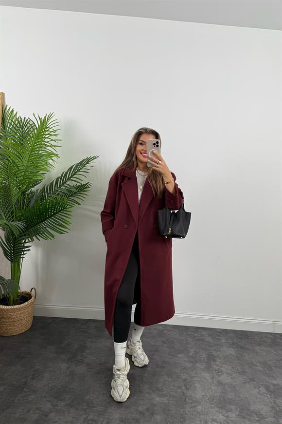 Premium Kalite Kolu Manşetli Çift Düğme Oversize Kaşe Kaban Bordo