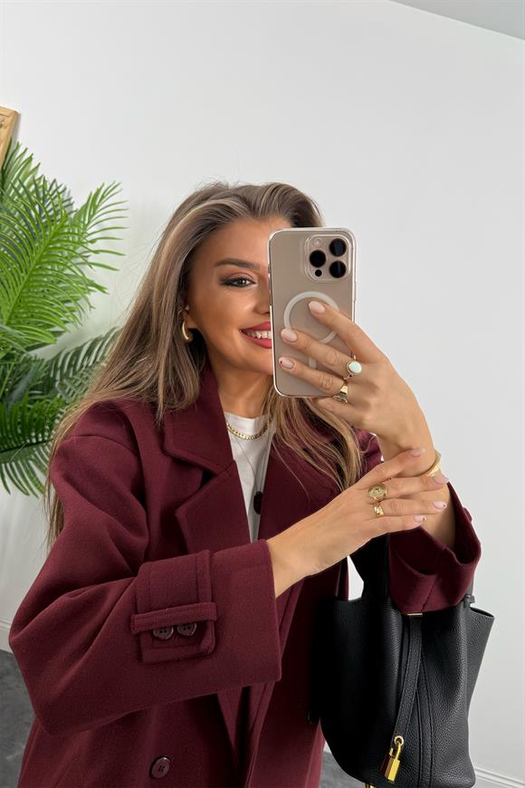 Premium Kalite Kolu Manşetli Çift Düğme Oversize Kaşe Kaban Bordo