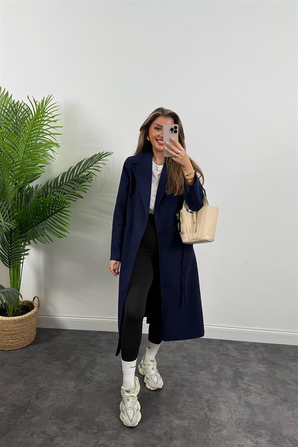 Premium Kalite Kuşaklı Basic Kaşe Kaban Lacivert 