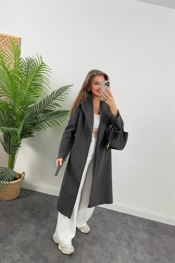 Premium Kalite Kuşaklı Basic Kaşe Kaban Antasit