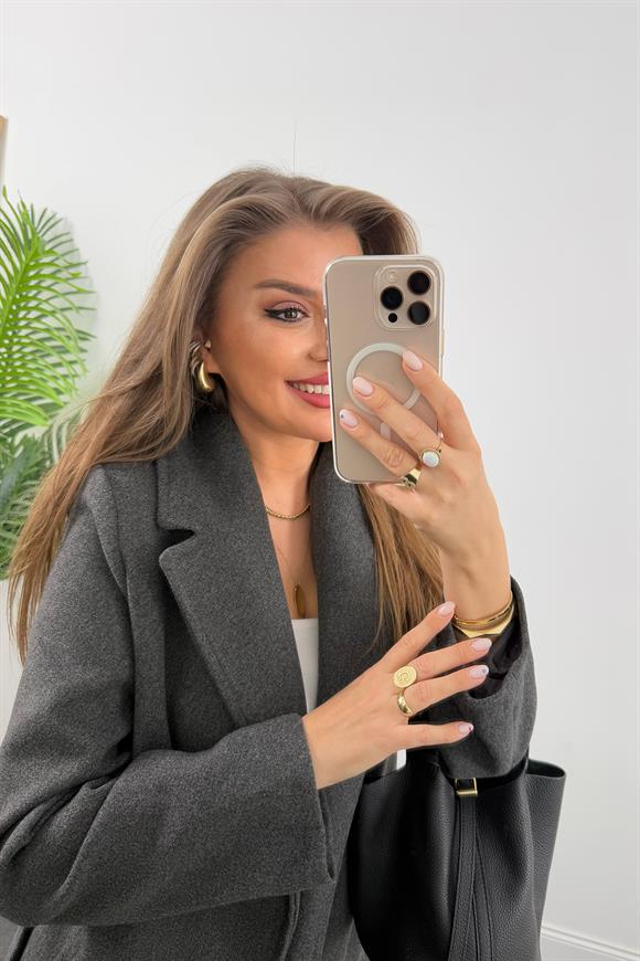 Premium Kalite Kuşaklı Basic Kaşe Kaban Antasit