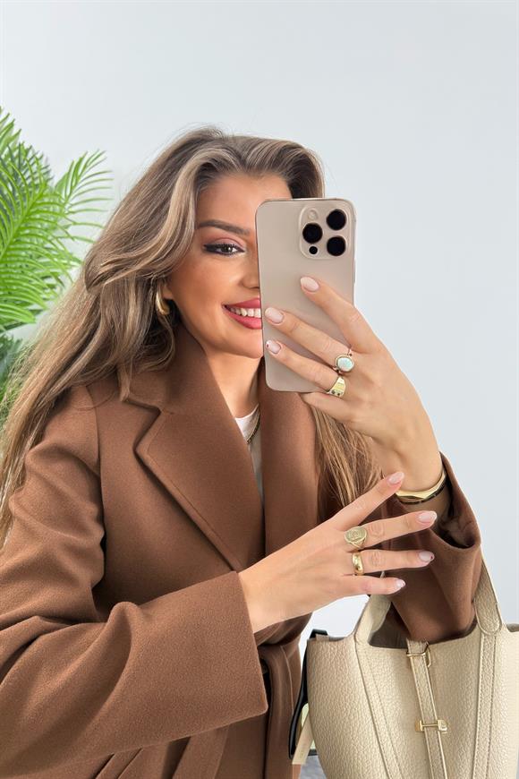 Premium Kalite Kuşaklı Basic Kaşe Kaban Kahverengi