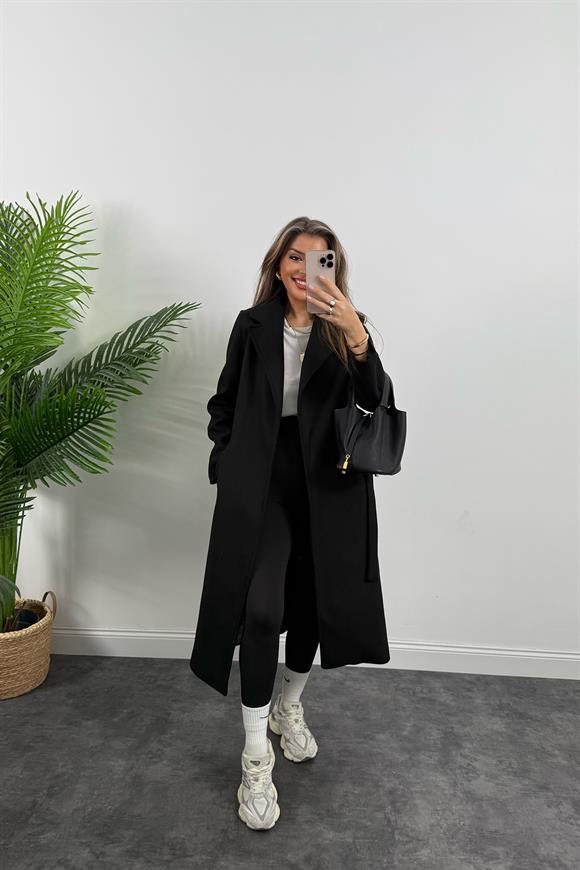 Premium Kalite Kuşaklı Basic Kaşe Kaban Siyah