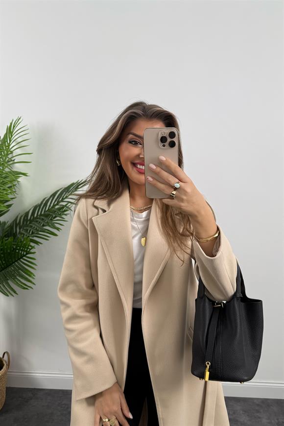 Premium Kalite Kuşaklı Basic Kaşe Kaban Taş