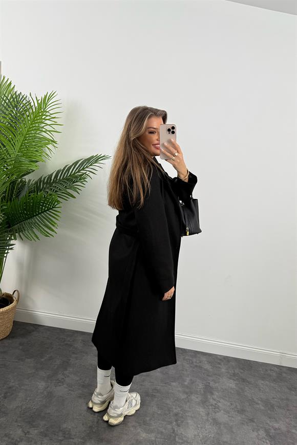 Premium Kalite Kuşaklı Basic Kaşe Kaban Siyah