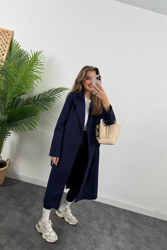 Premium Kalite Kuşaklı Basic Kaşe Kaban Lacivert 