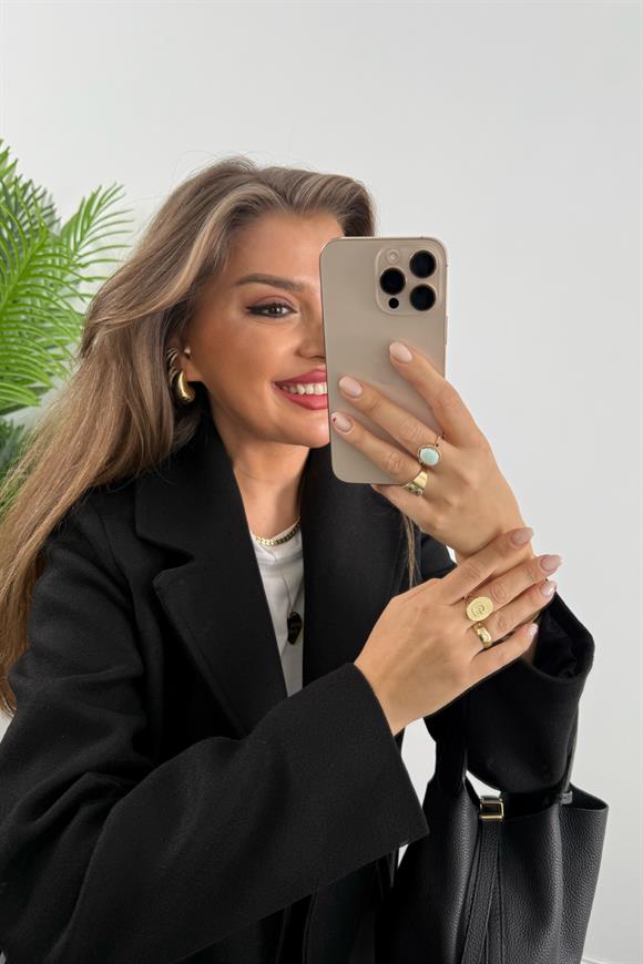 Premium Kalite Kuşaklı Basic Kaşe Kaban Siyah