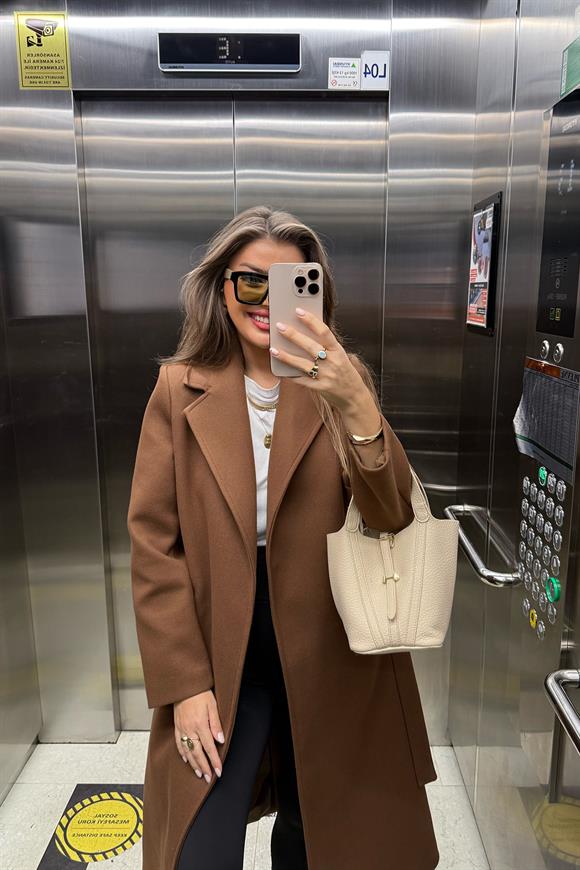 Premium Kalite Kuşaklı Basic Kaşe Kaban Kahverengi