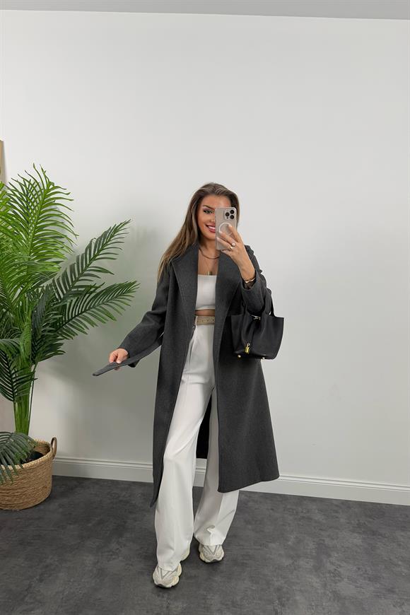 Premium Kalite Kuşaklı Basic Kaşe Kaban Antasit