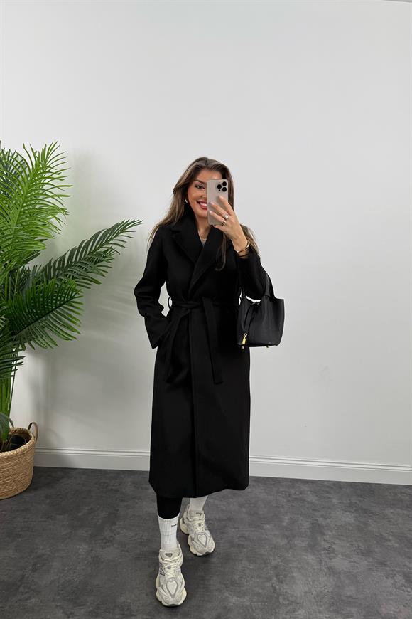 Premium Kalite Kuşaklı Basic Kaşe Kaban Siyah