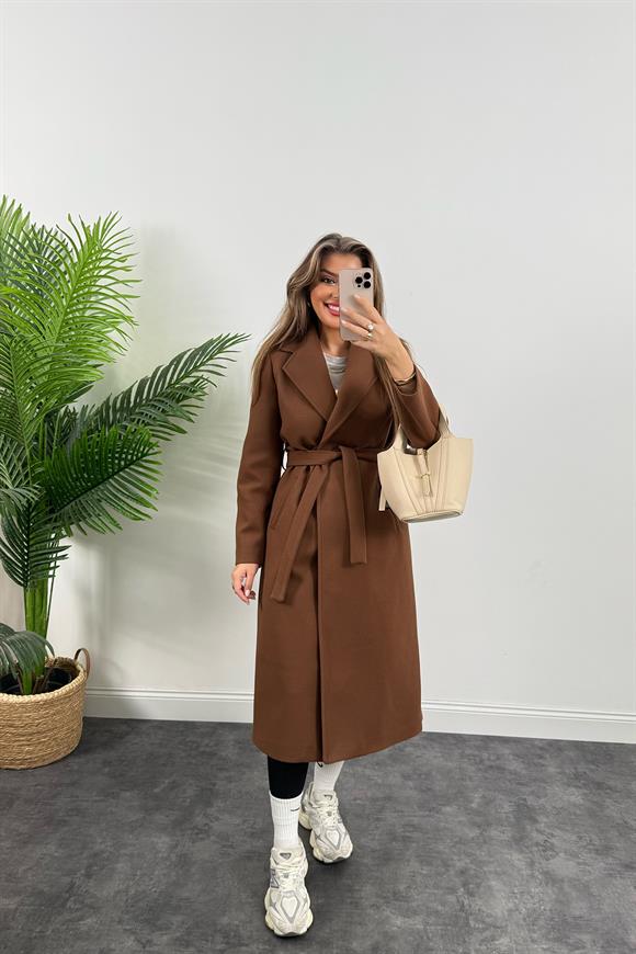 Premium Kalite Kuşaklı Basic Kaşe Kaban Kahverengi